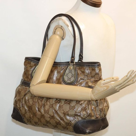 GUCCI GG Canvas Tote Bag Coated Canvas Beige Dark Brown Auth - Picture 11 of 16